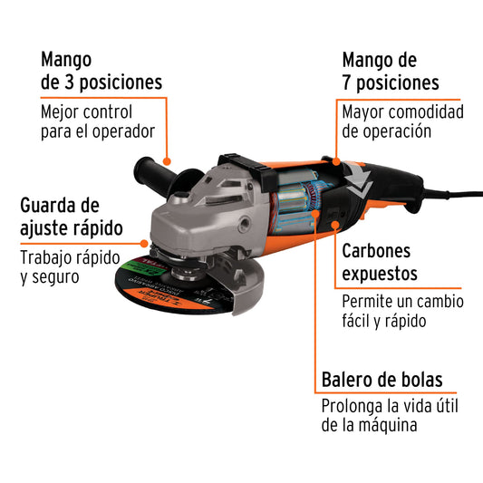 Esmeriladora angular de 7" y 2,200 W con mango trasero ajustable