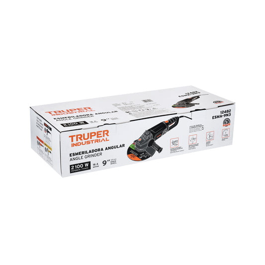 Esmeriladora angular de 2100 W y disco de 9 pulgadas con interruptor de uso continuo