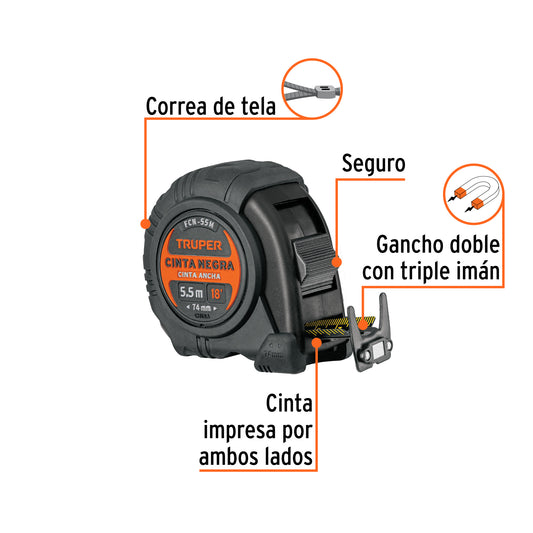 Flexómetro contra impactos 5.5 m, Cinta Negra 25 mm · vista 2