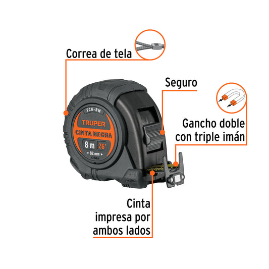 Flexómetro contra impactos 8 m, Cinta Negra 25 mm · vista 2