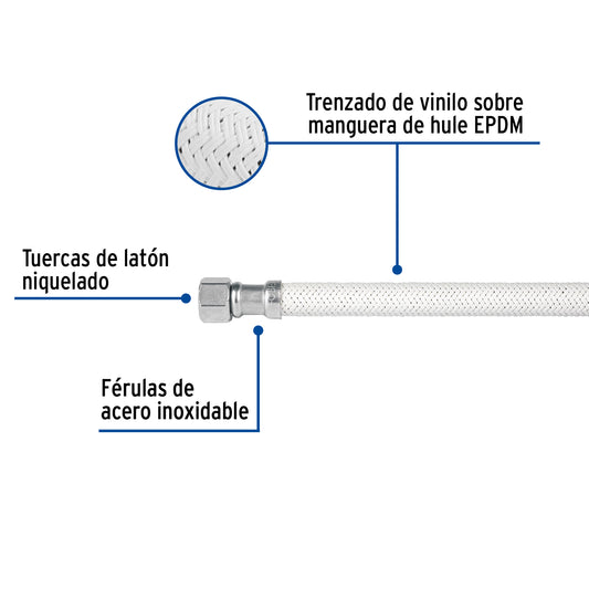 Manguera para lavabo o fregadero de 40 cm con vinilo blanco trenzado y tuercas metálicas