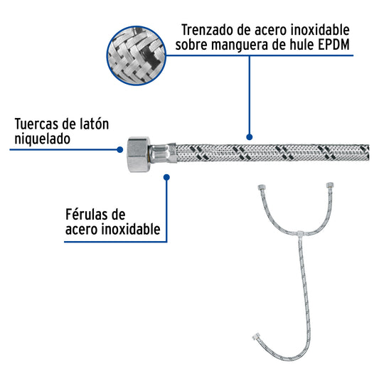 Manguera tipo T para lavabo o fregadero de 55 cm con trenzado de acero inoxidable