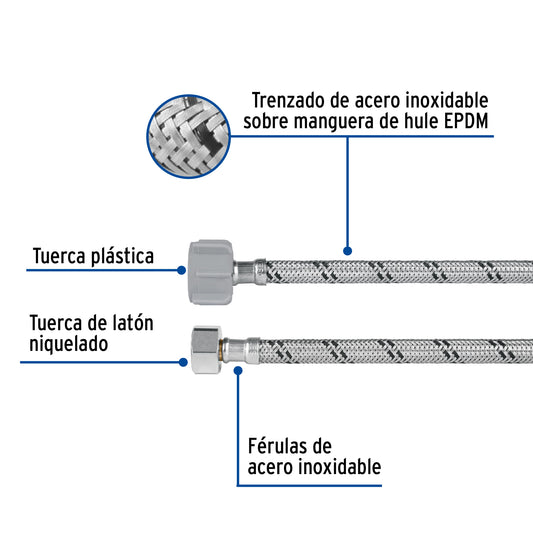 Manguera para WC de 50 cm con trenzado de acero inoxidable y tuerca plástica