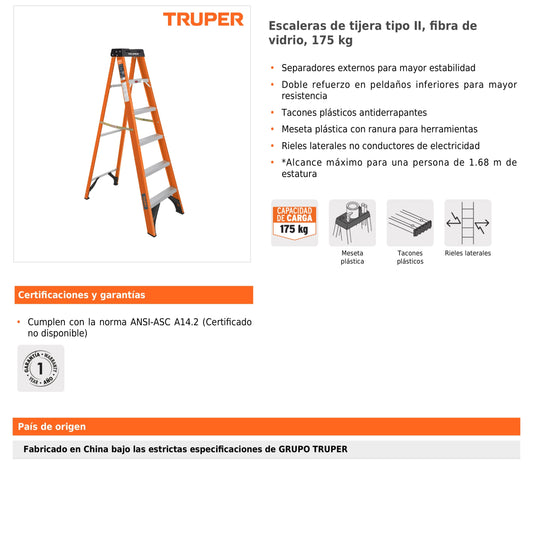 Escalera de tijera de 5 peldaños Tipo II fabricada en fibra de vidrio