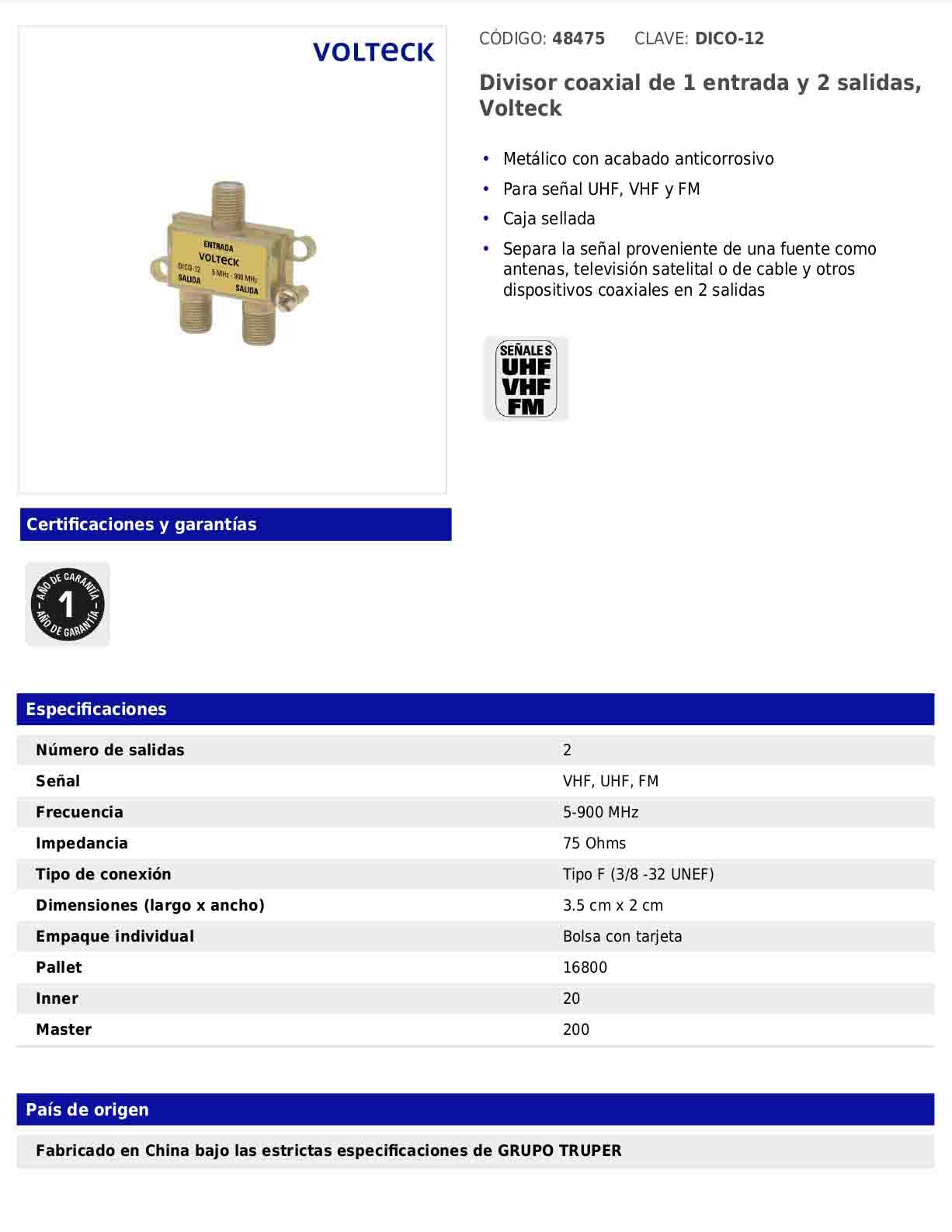 Divisor coaxial de 1 entrada y 2 salidas con conexión tipo F