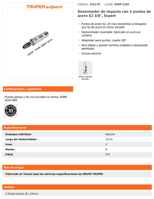 Desarmador de impacto con puntas de acero S2 de 3/8 pulgadas