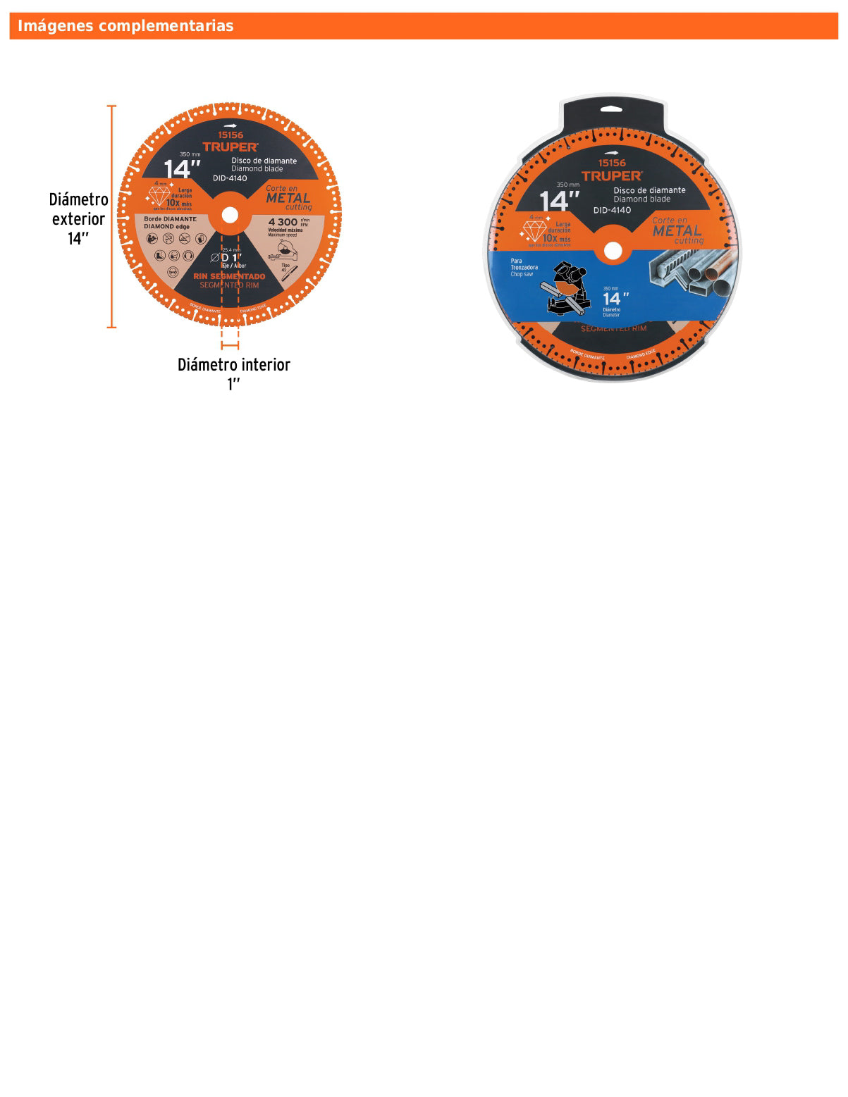 Disco de diamante de 14" para corte de metal con espesor 4 mm