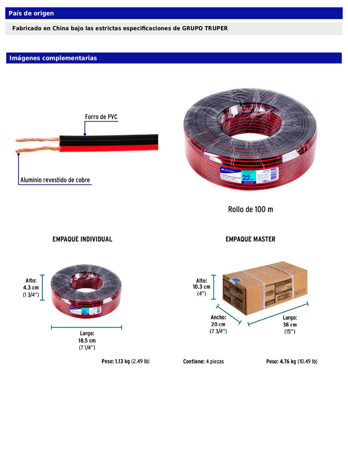 Rollo de 100 m de cable polarizado bicolor para bocina 22 AWG