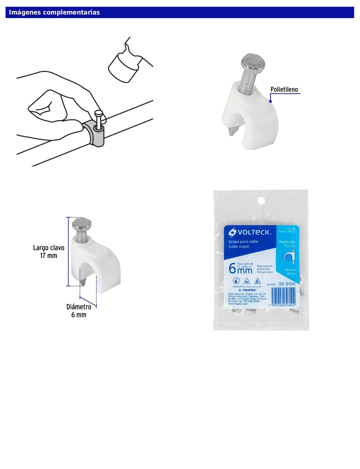 Bolsa con 20 grapas blancas de 6 mm para cable redondo