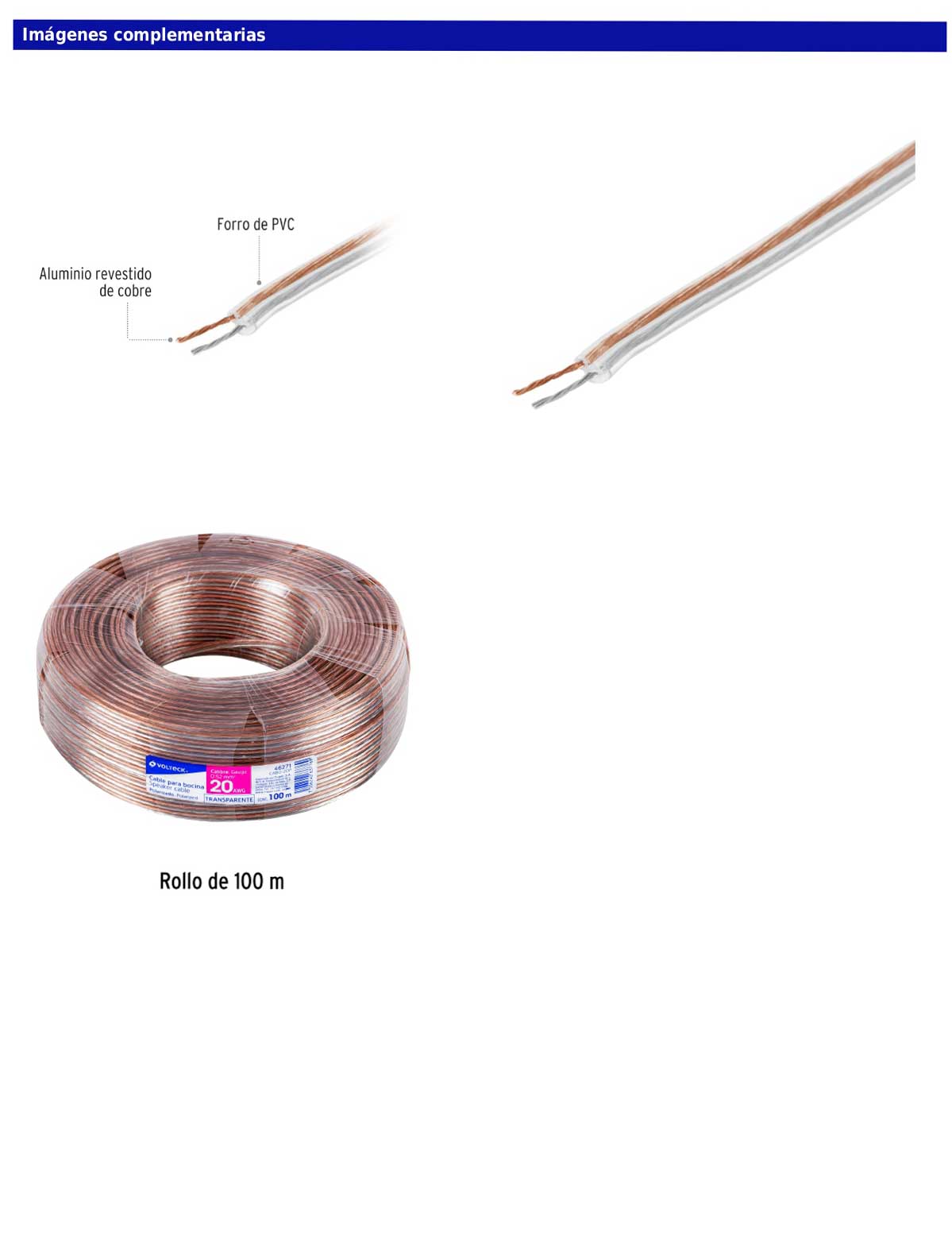 Rollo de 100 m de cable polarizado transparente para bocina 20 AWG