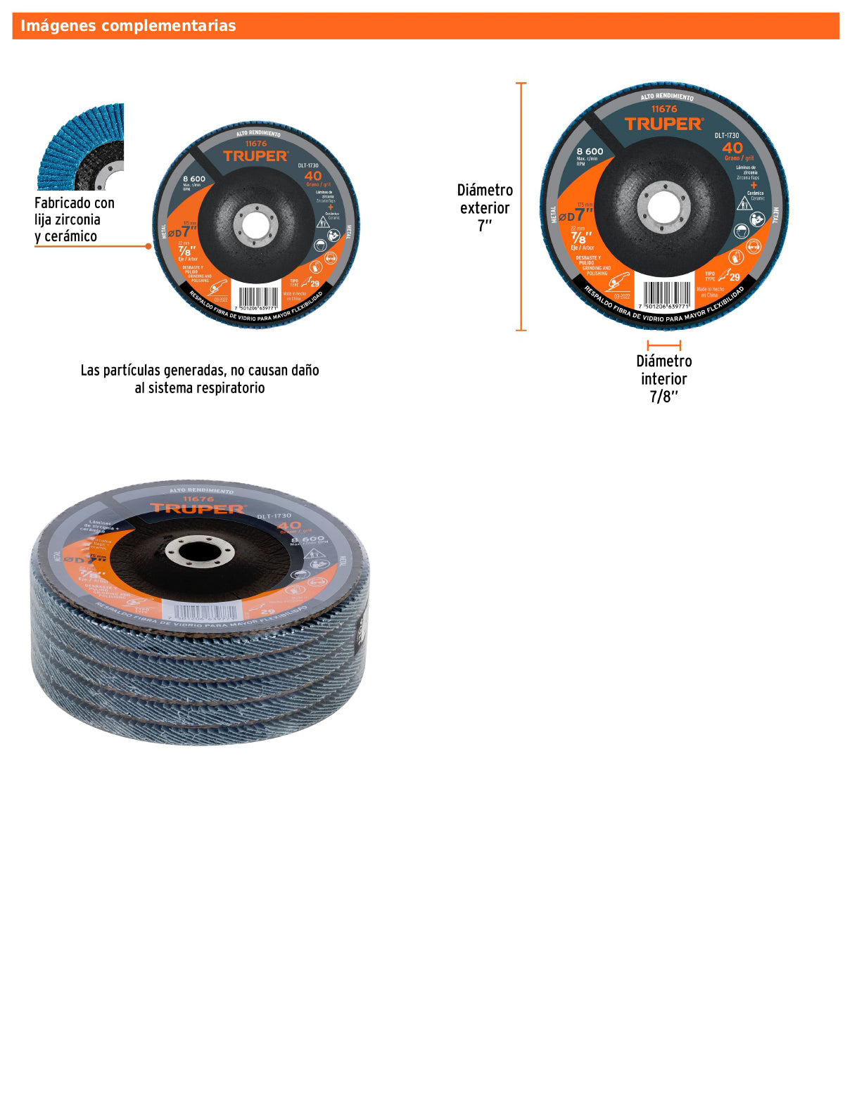 Disco laminado de 7" grano 40 con centro 7/8"