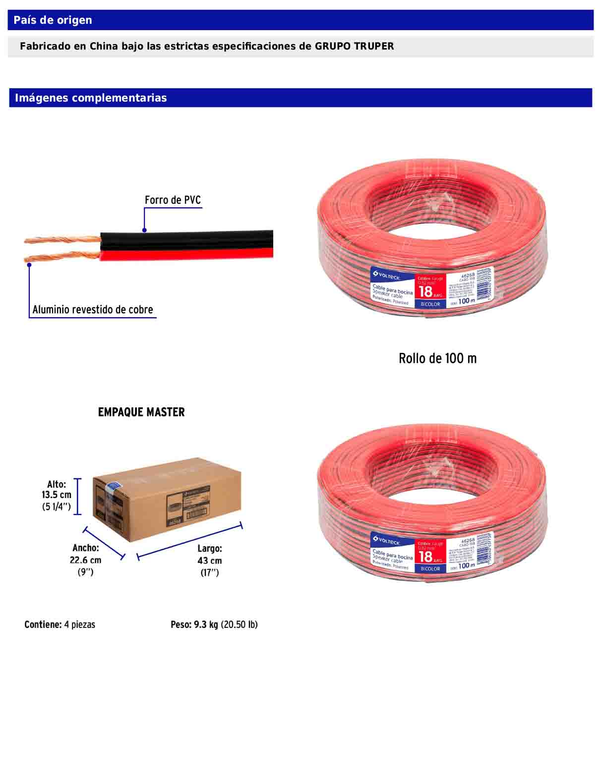 Rollo de 100 m de cable polarizado bicolor para bocina 18 AWG