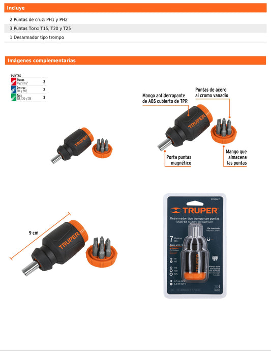 Desarmador tipo trompo con 7 puntas