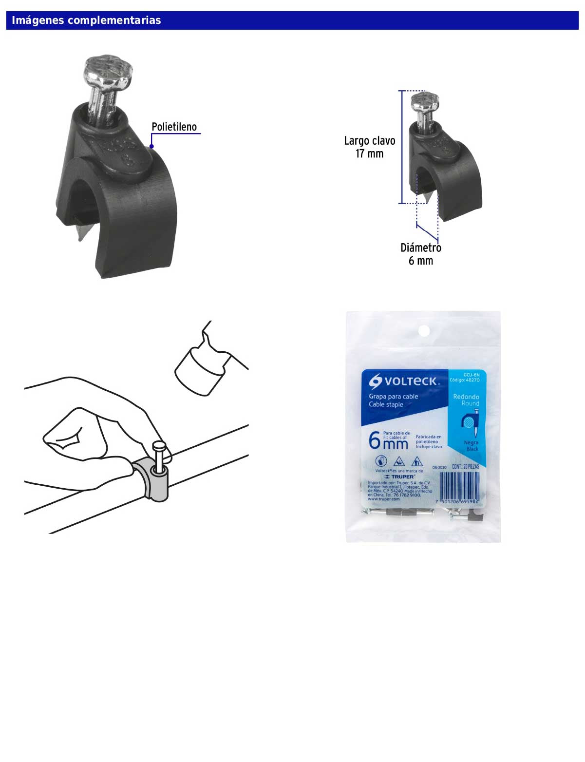 Bolsa con 20 grapas negras de 6 mm para cable redondo