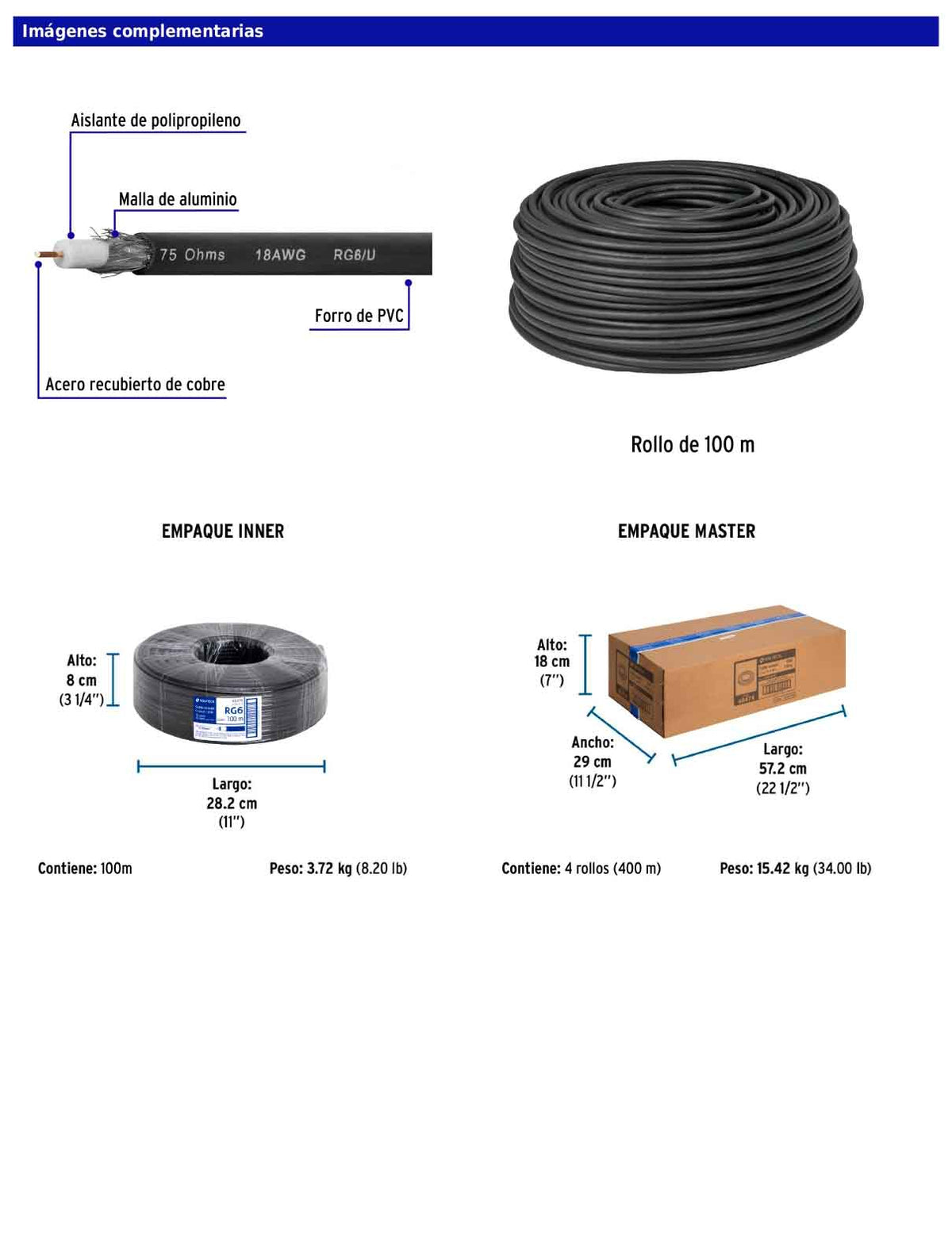 Metro de cable coaxial RG6 en rollo de 100 m
