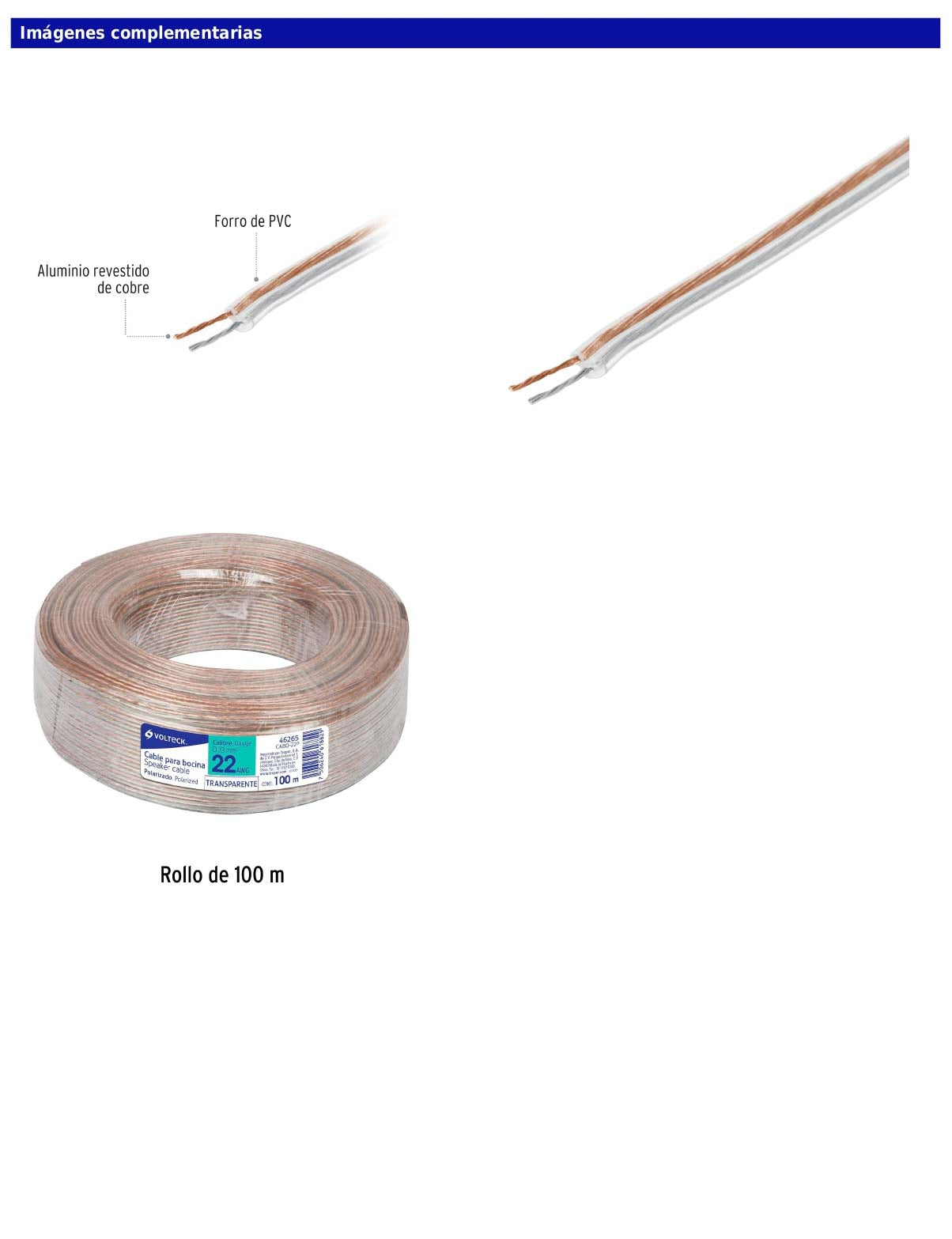 Rollo de 100 m de cable polarizado transparente para bocina 22 AWG