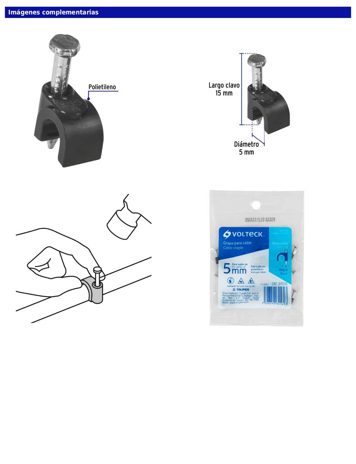 Bolsa con 20 grapas negras de 5 mm para cable redondo