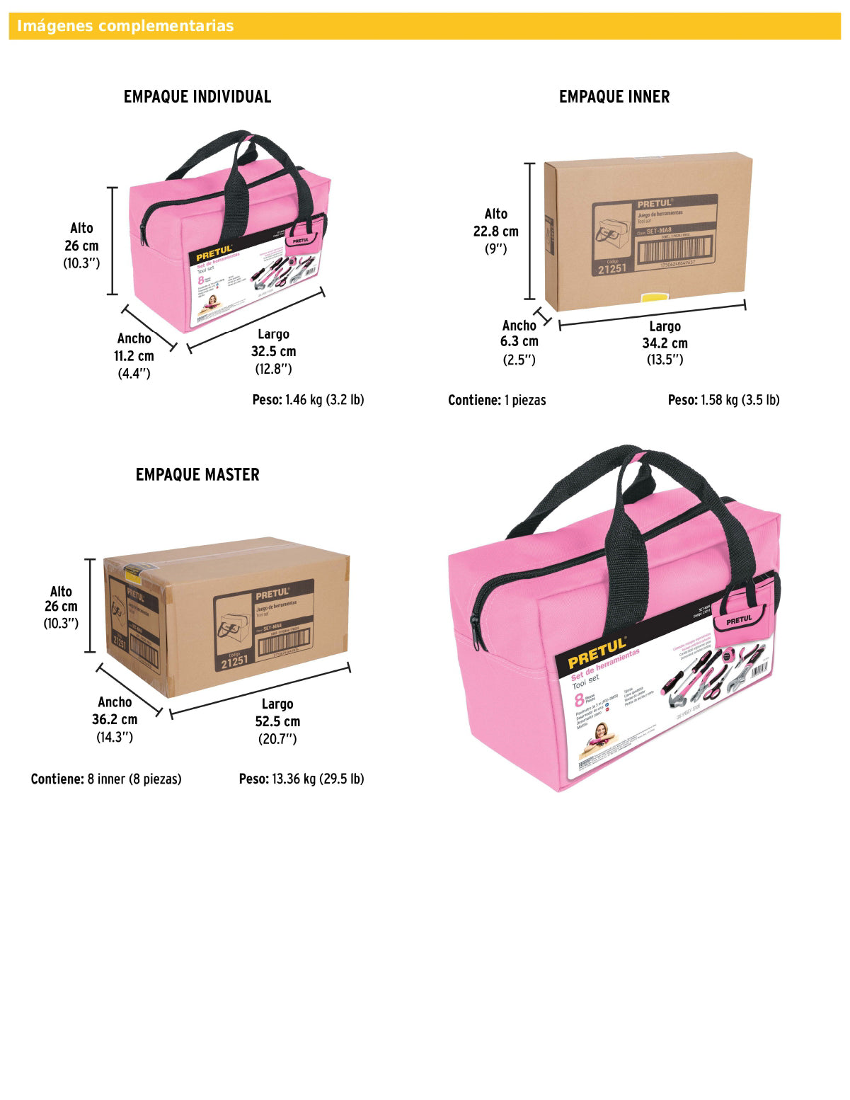 Juego de 8 herramientas básicas color rosa en maletín