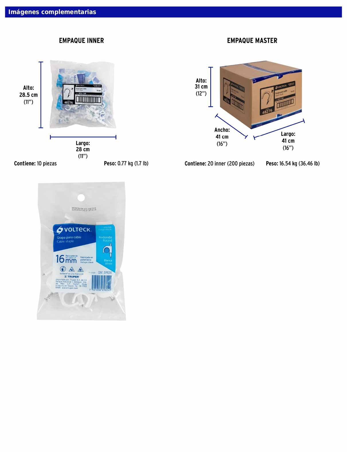 Bolsa con 20 grapas blancas de 16 mm para cable redondo