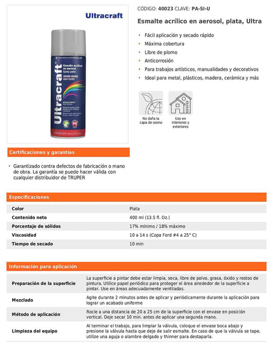 Esmalte acrílico en aerosol plata Ultra 400 ml