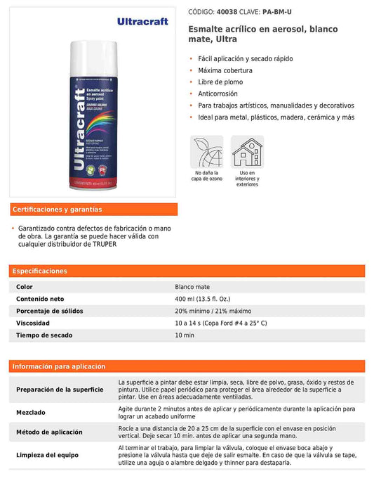 Esmalte acrílico en aerosol blanco mate Ultra 400 ml
