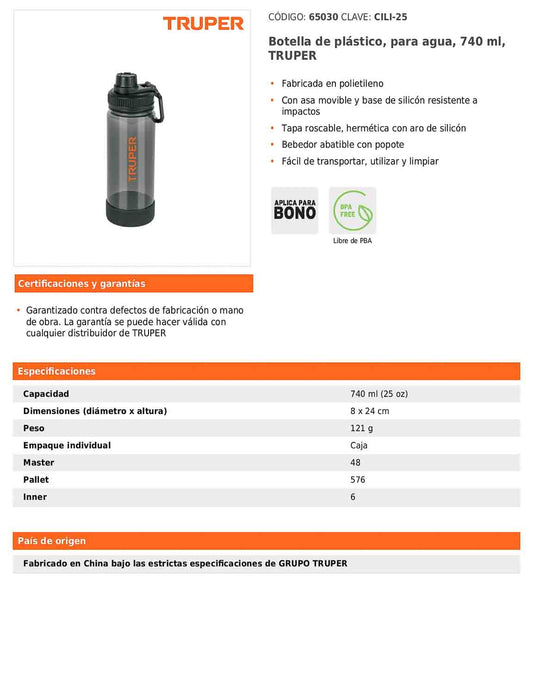 Botella de plástico para agua de 740 ml con bebedor abatible