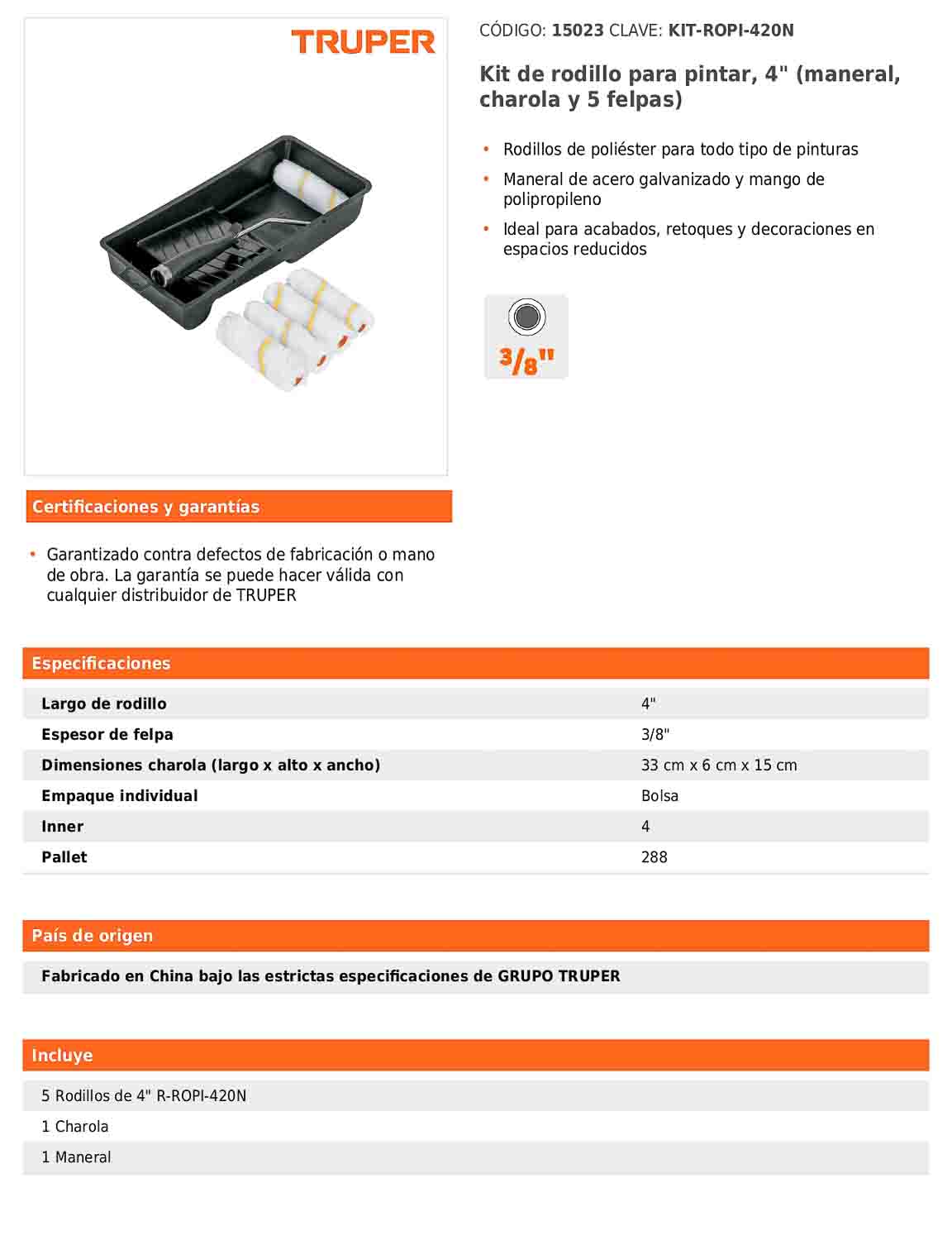 Kit de rodillo para pintar de 4 pulgadas con maneral charola y cinco felpas
