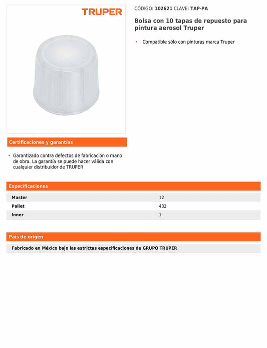Bolsa con 10 tapas de repuesto para pintura aerosol