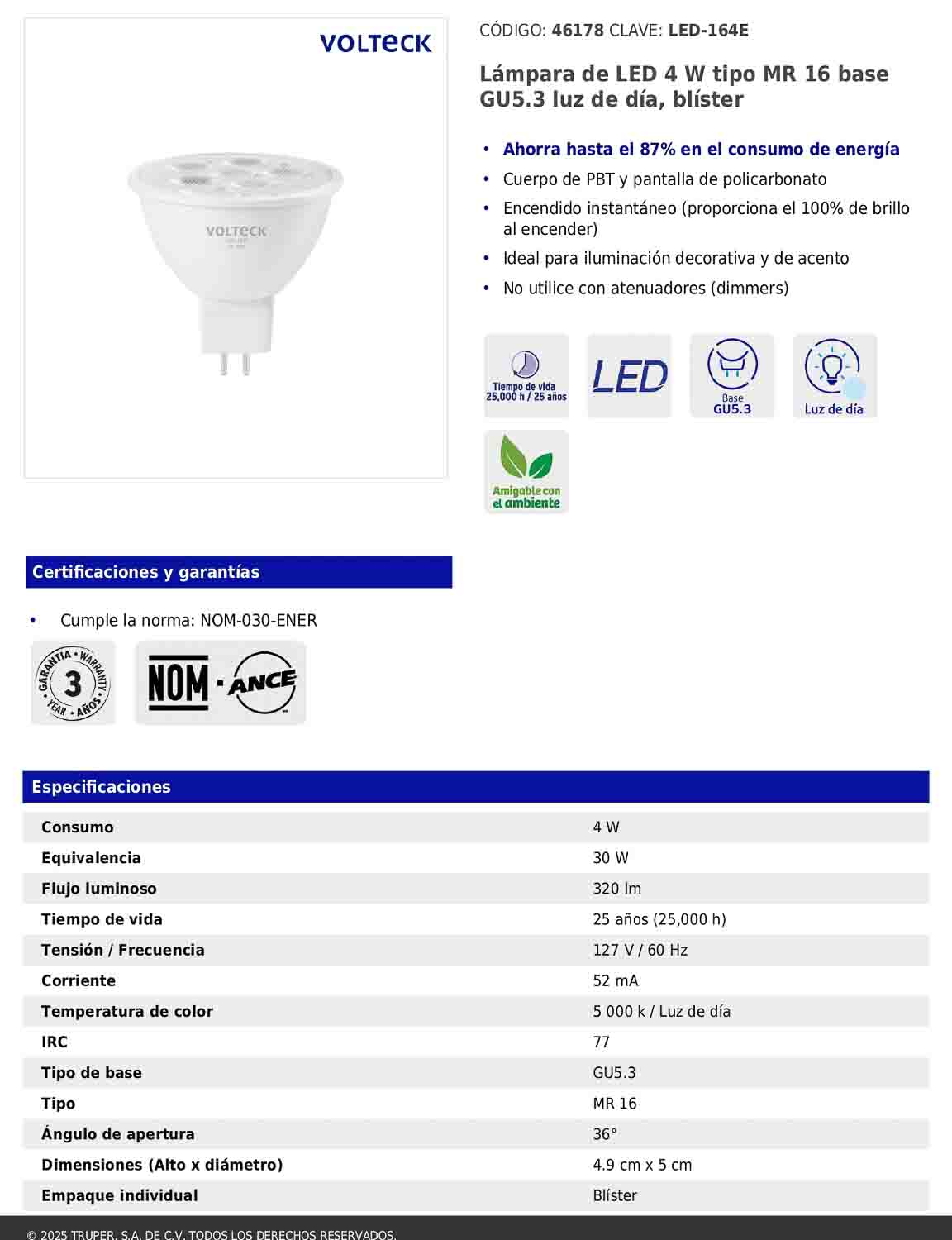 Lámpara LED de 4W tipo MR16 con luz de día