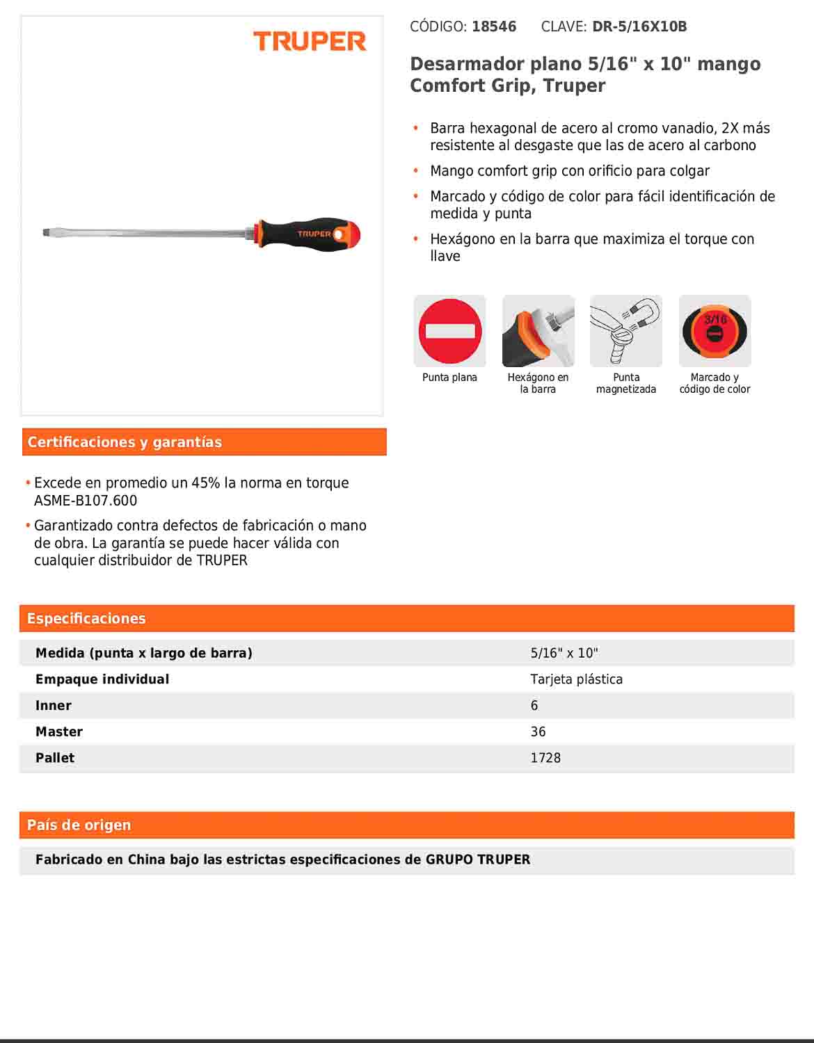Desarmador plano de 5/16 con barra de 25.4 cm y mango Comfort Grip
