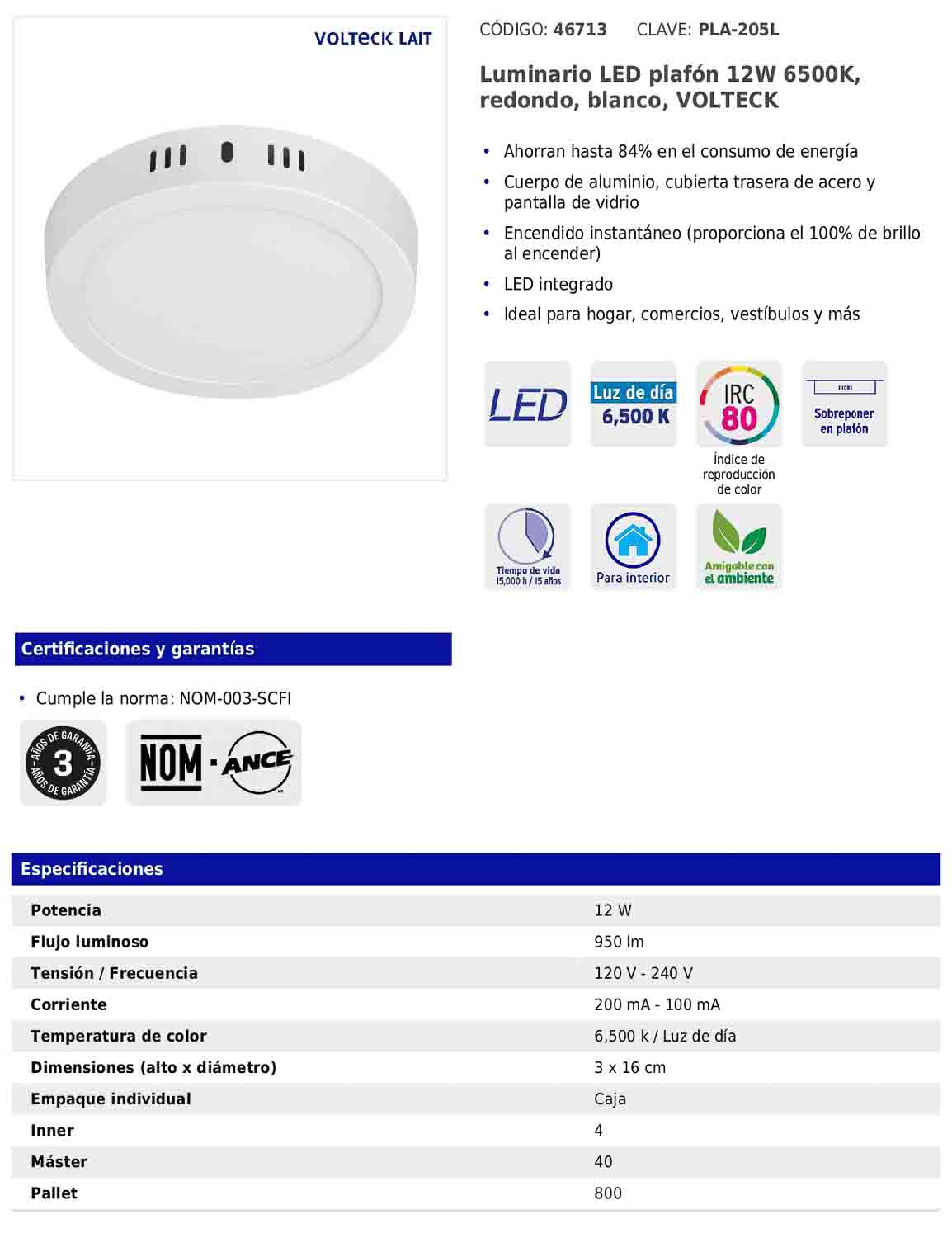 Luminario LED plafón de 12 W con luz de día redondo