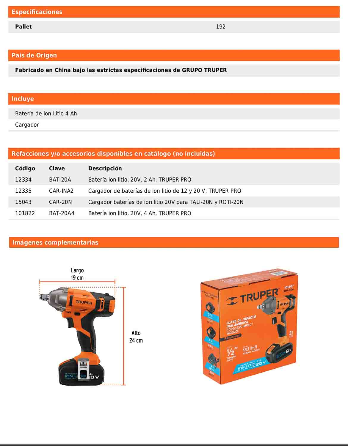 Llave de impacto inalámbrica de 1/2 in con batería 20 V y torque máximo de 180 Nm