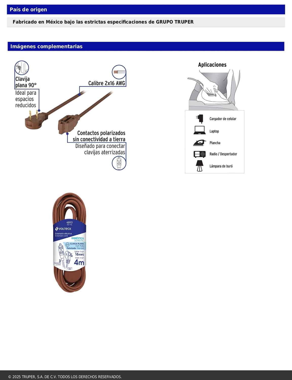 Extensión eléctrica doméstica de 4 m con clavija plana café