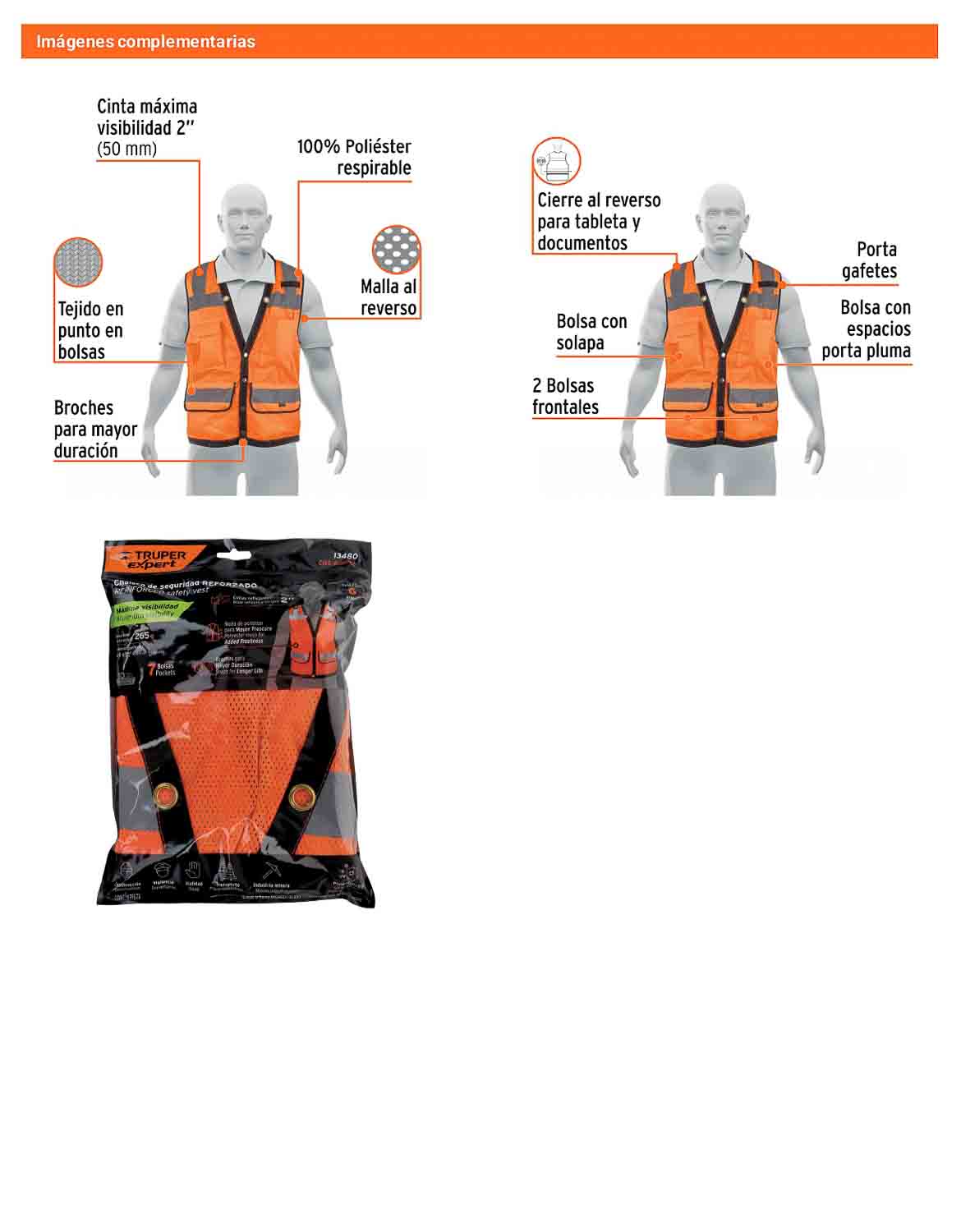 Chaleco seguridad reforzado naranja con bolsas G
