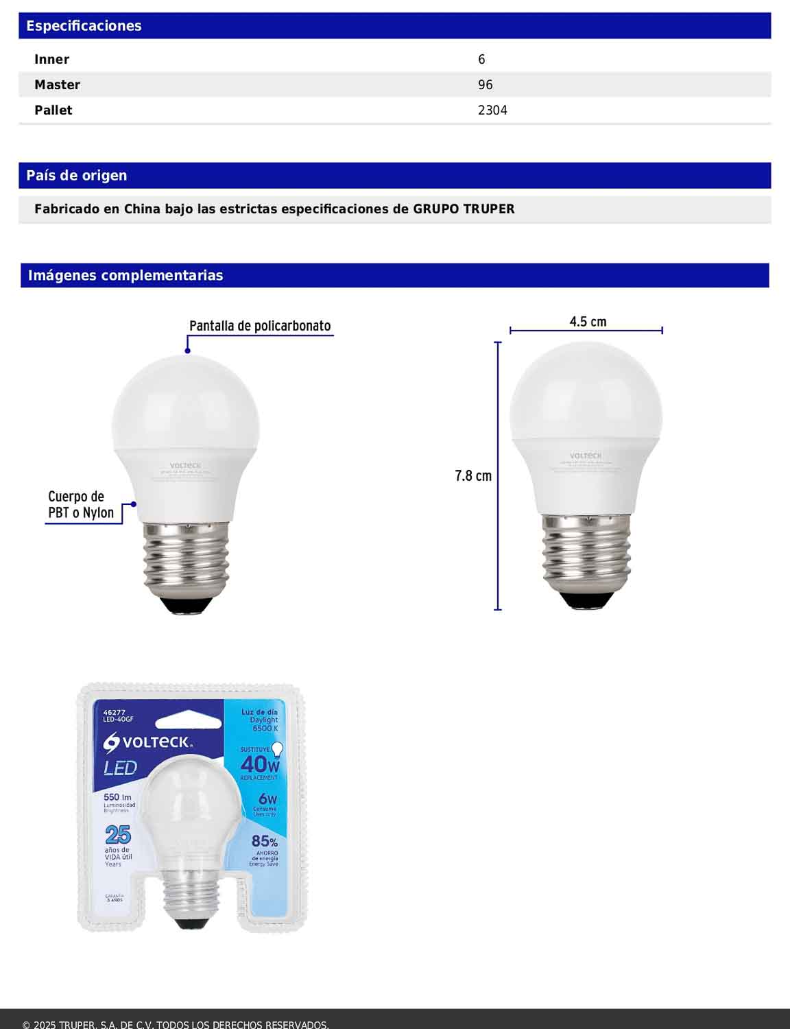 Foco LED 6W G45 6500K blanca fría 550 lm
