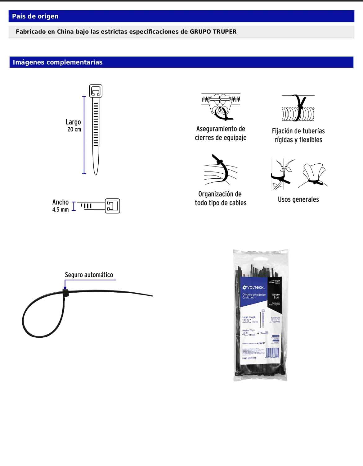 Bolsa con 50 cinchos plásticos de 50 lb de 20 cm de largo y 4.5 mm de ancho en color negro