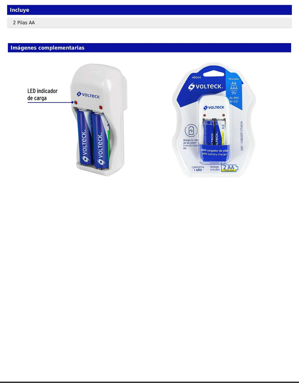 Cargador de pilas AA, AAA y 9V con LED indicador e incluye 2 pilas AA
