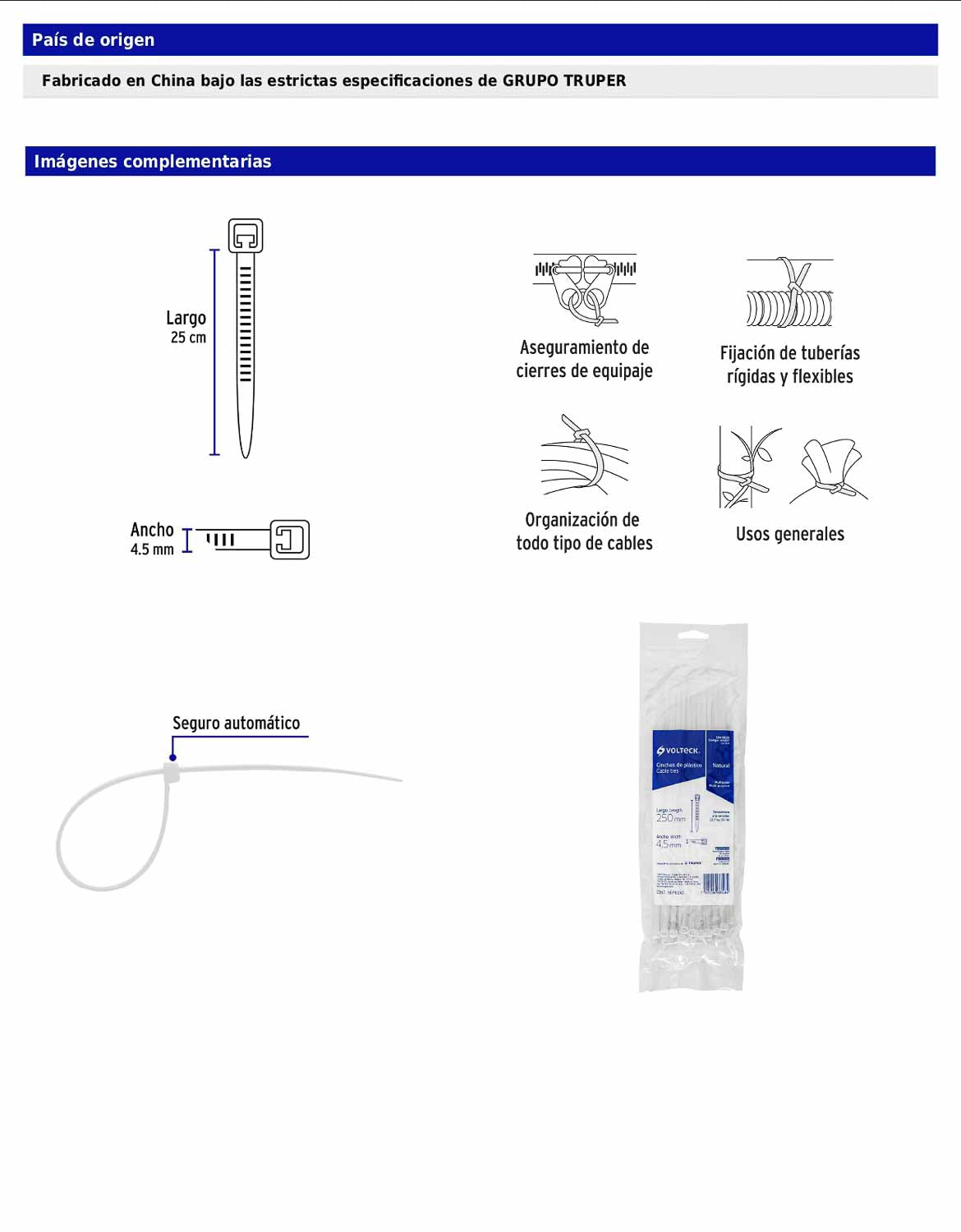 Bolsa con 50 cinchos plásticos 50 lb 250 x 4.5 mm natural