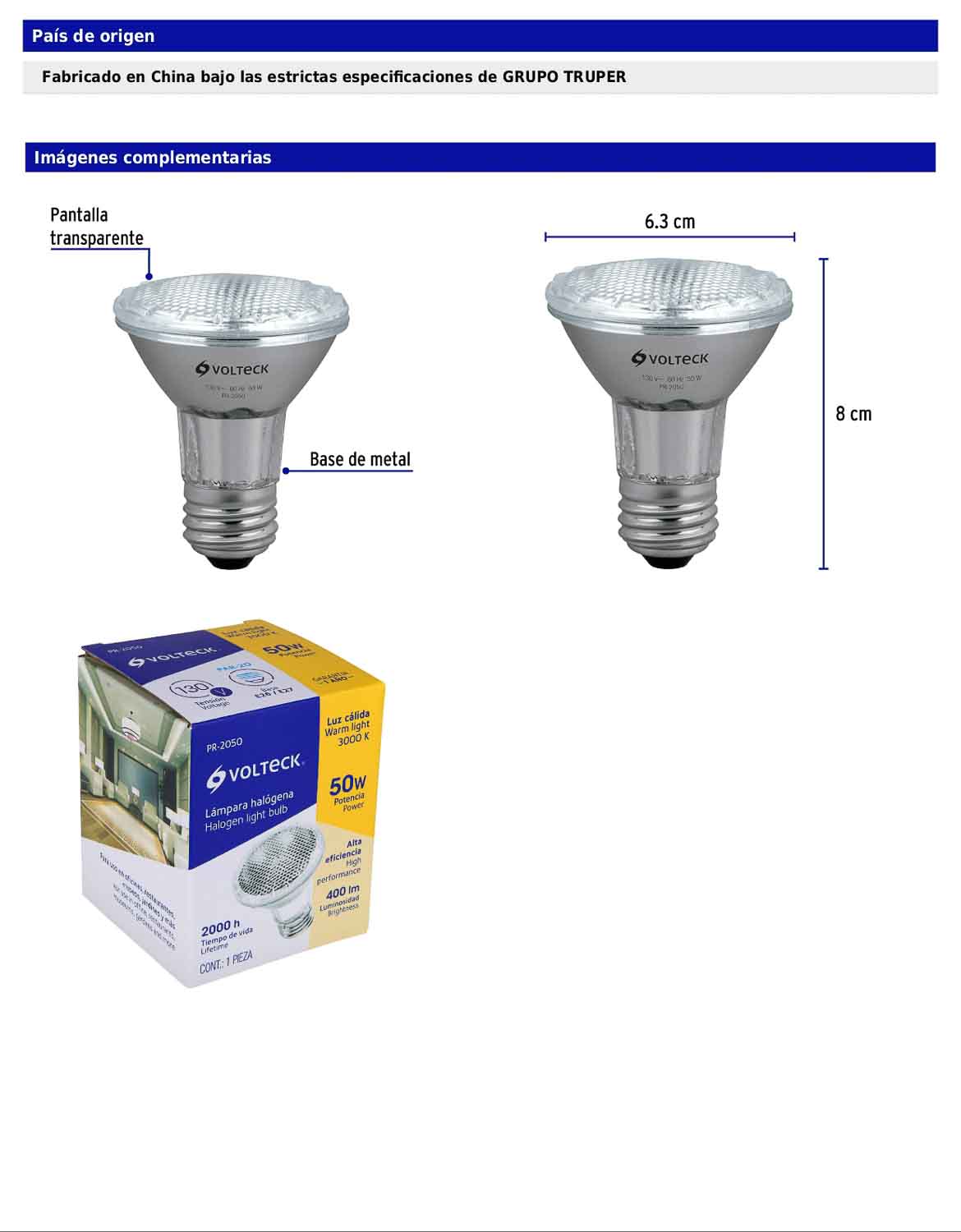 Lámpara halógena PAR20 de 50 W con luz cálida
