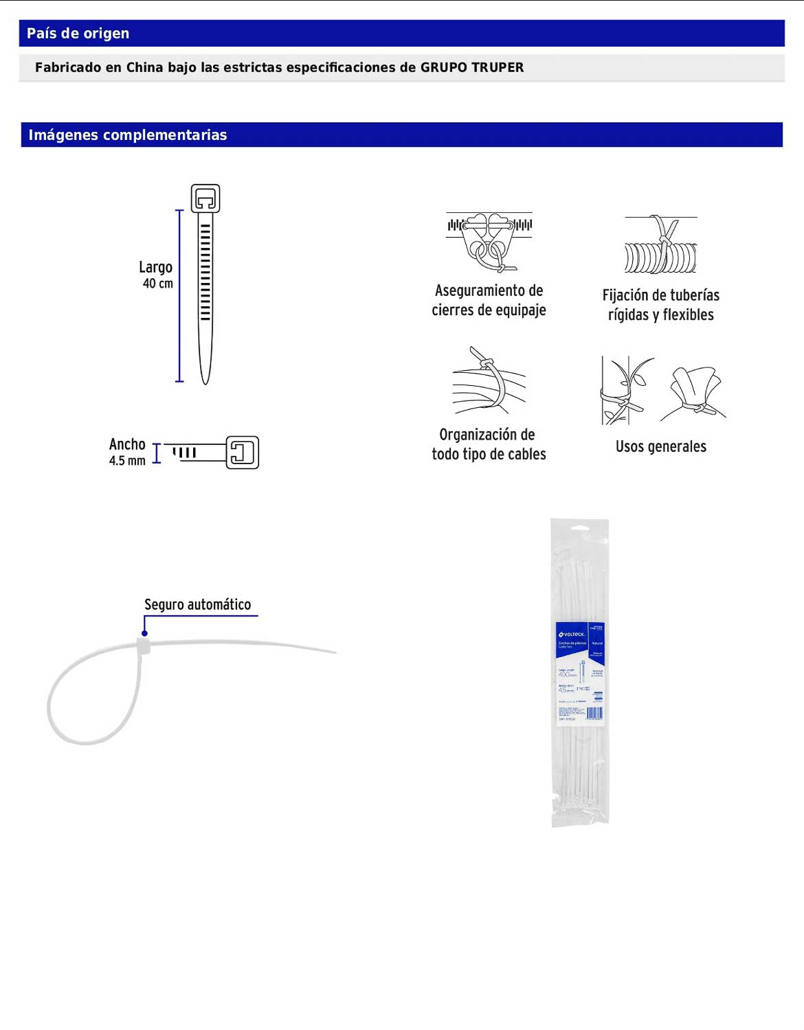 Bolsa con 25 cinchos plásticos de 50 lb de 40 cm de largo y 4.5 mm de ancho en color natural