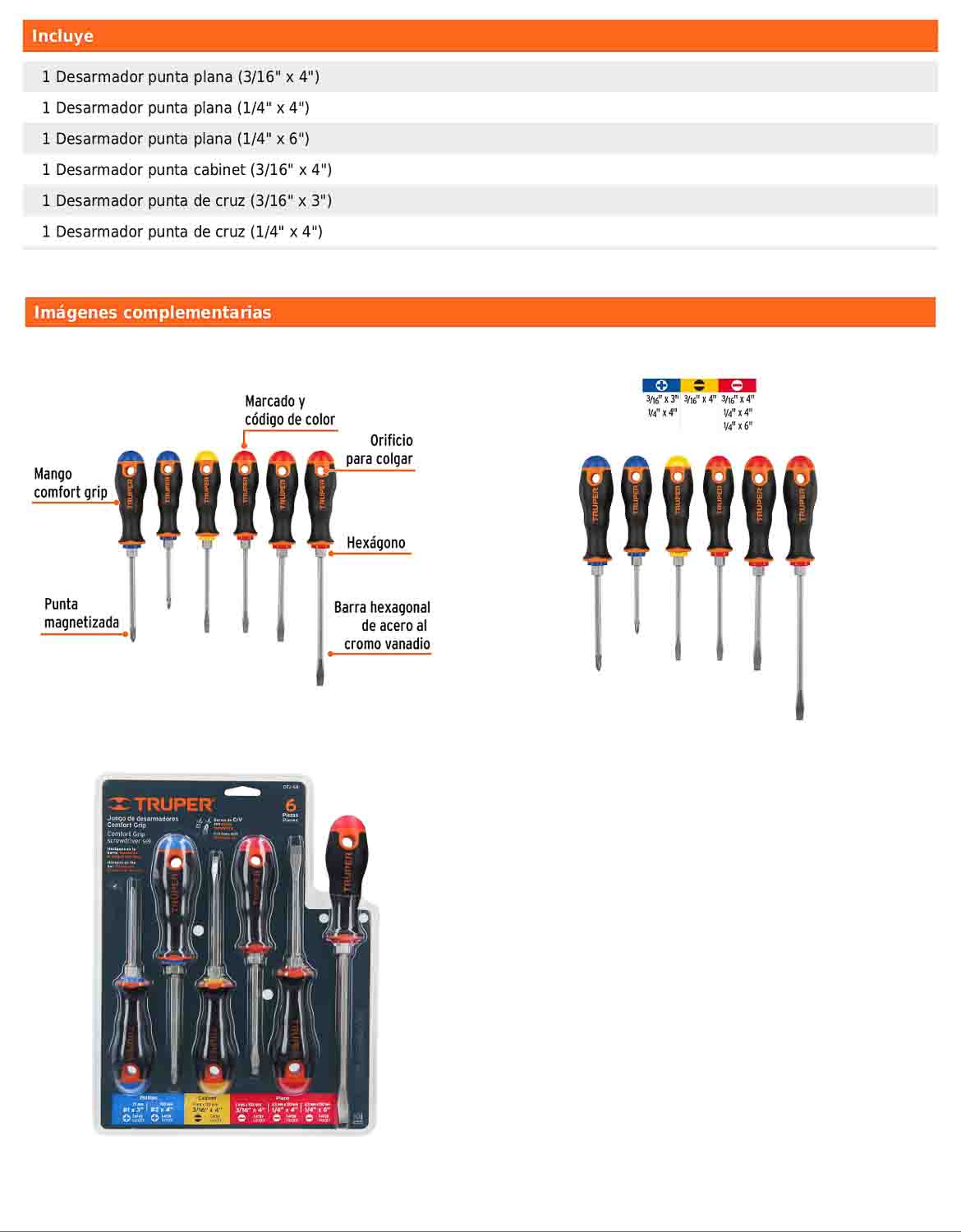 Juego de 6 desarmadores de mango comfort grip con barra hexagonal