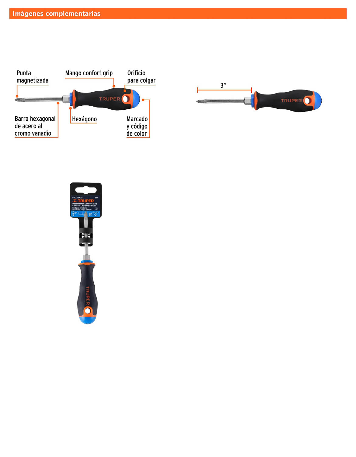 Desarmador de cruz de 3/16 con barra de 7.62 cm y mango Comfort Grip