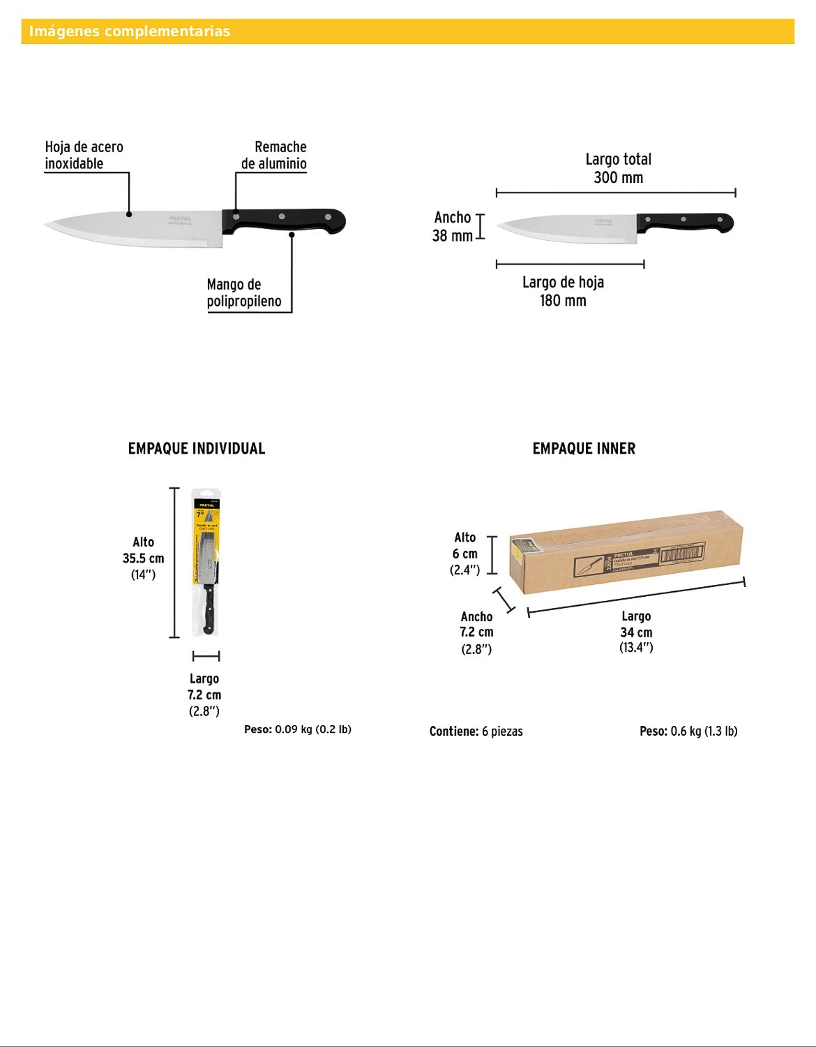Cuchillo de chef de 7 pulgadas con mango de polipropileno