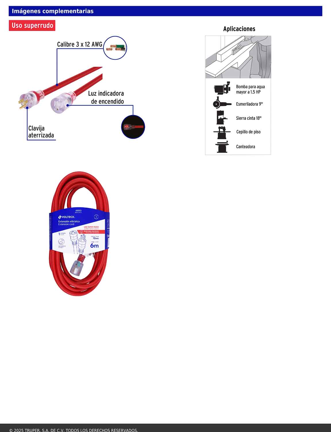 Extensión reforzada aterrizada 6 m 3x12 AWG