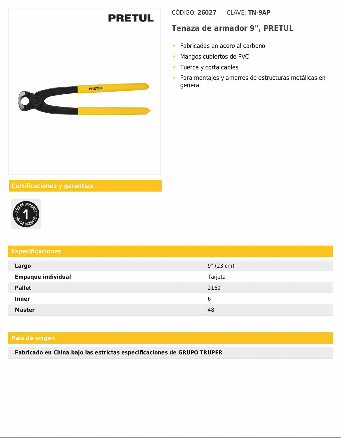 Tenaza de armador de 9 pulgadas con mangos de PVC