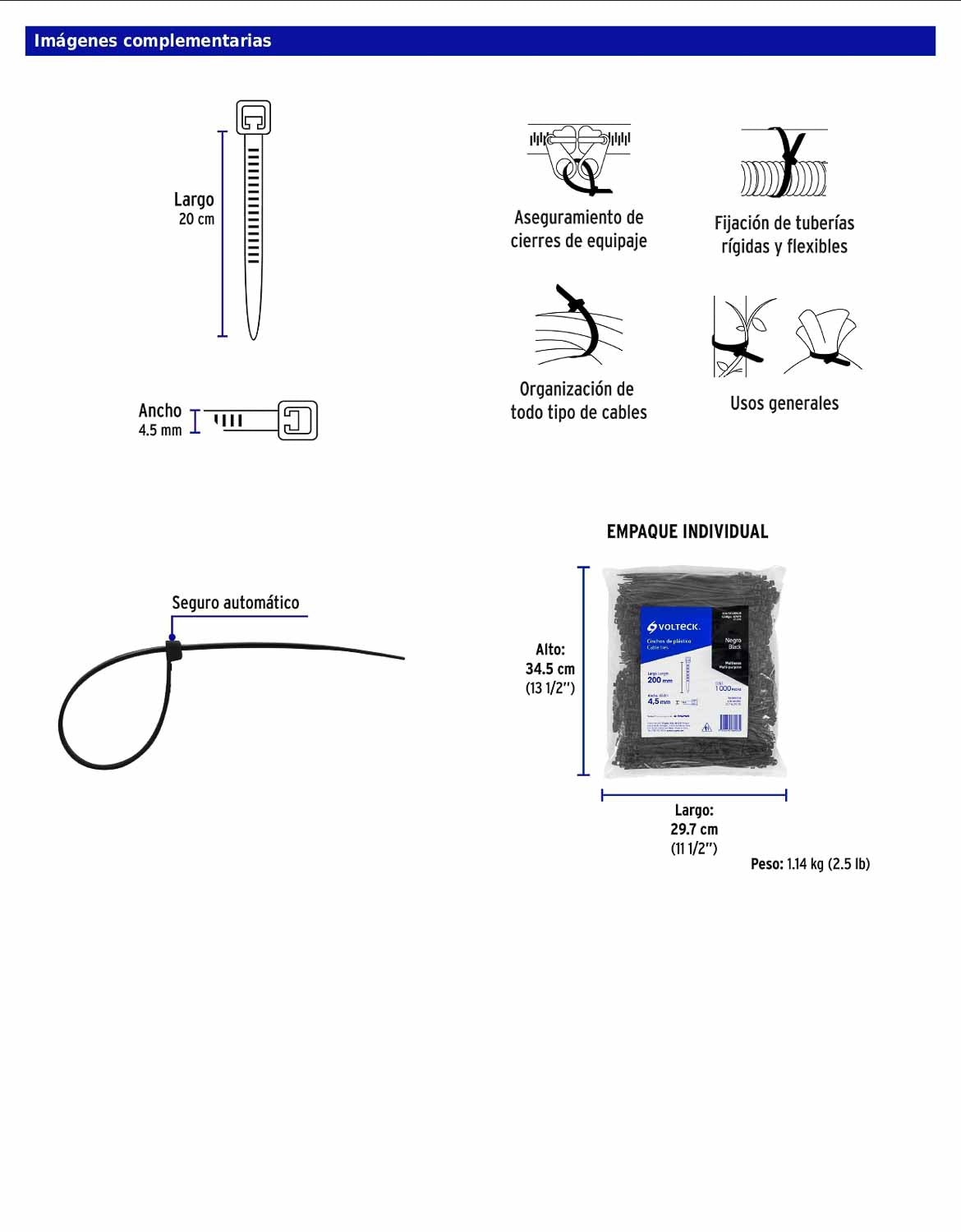 Bolsa con 1000 cinchos plásticos 50 lb 200 x 4.5 mm negro
