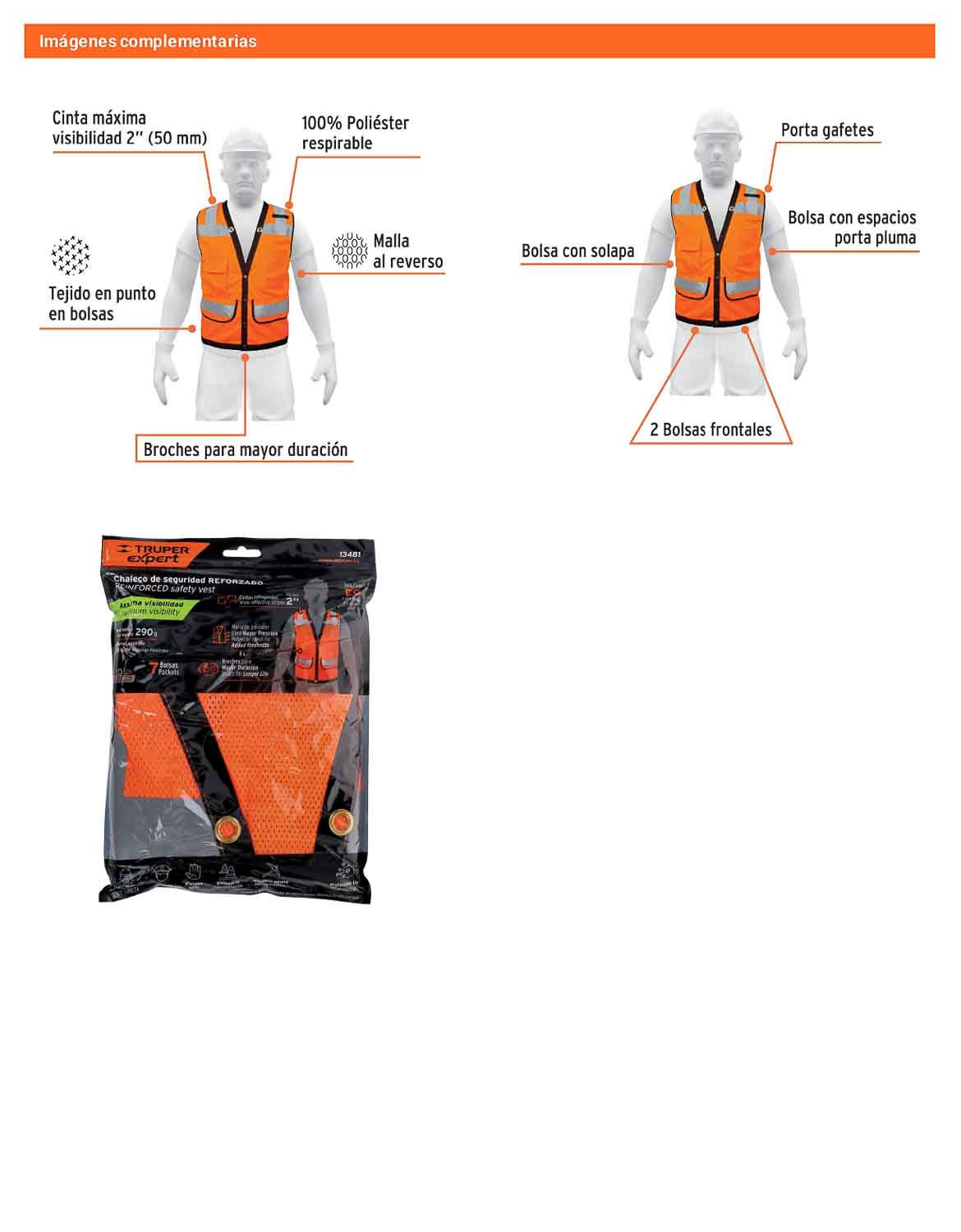 Chaleco seguridad reforzado naranja con bolsas EG