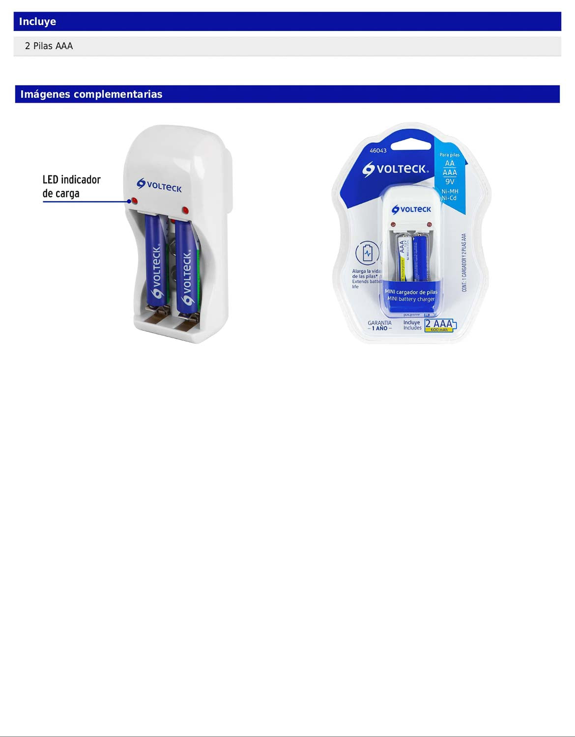 Cargador de pilas AA, AAA y 9V con LED indicador e incluye 2 pilas AAA