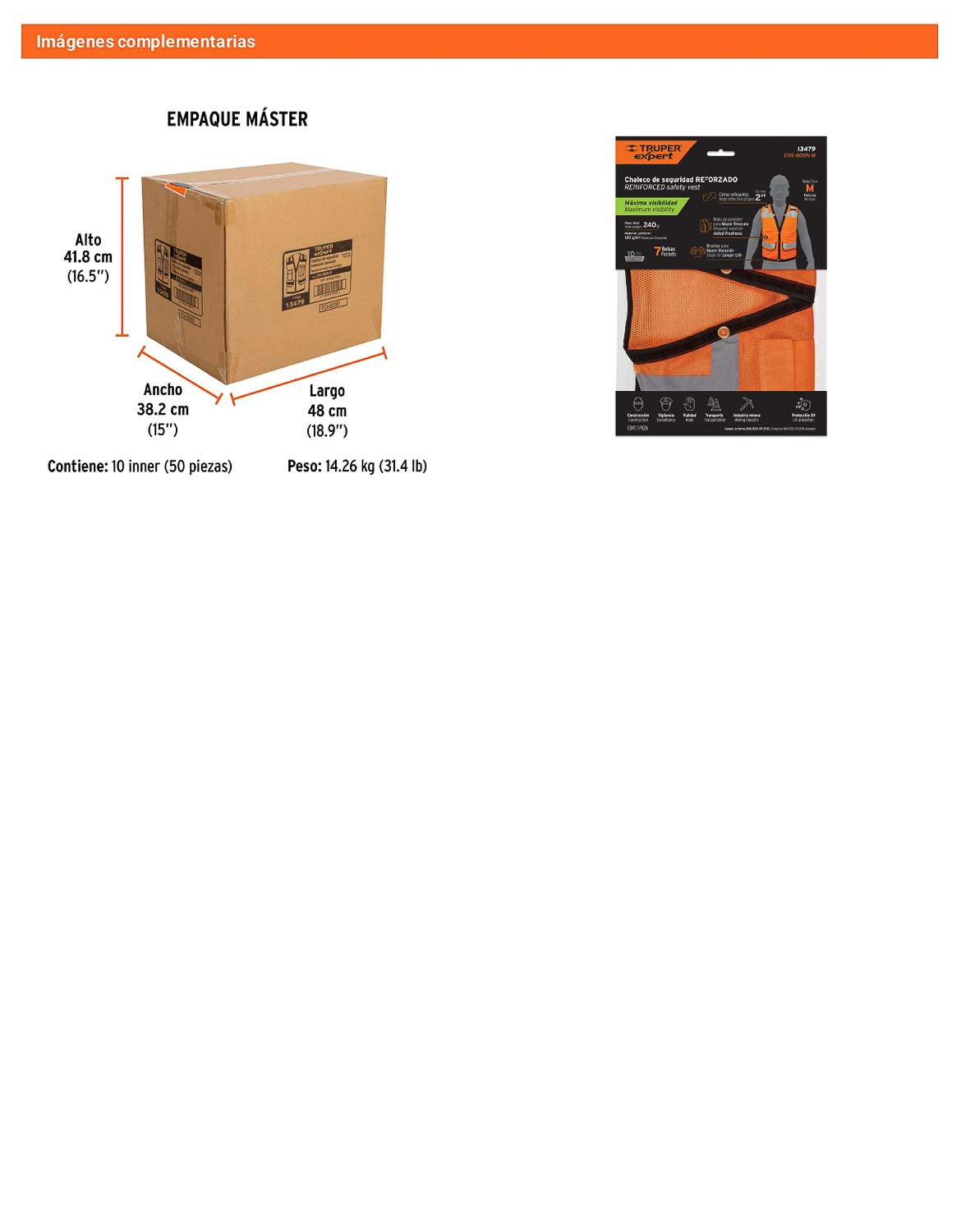 Chaleco seguridad reforzado naranja con bolsas M
