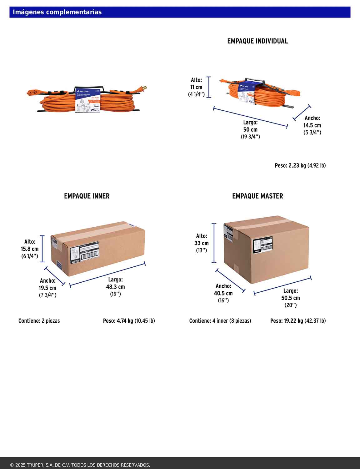 Extensión eléctrica de uso rudo de 25 m con calibre 2x16 AWG